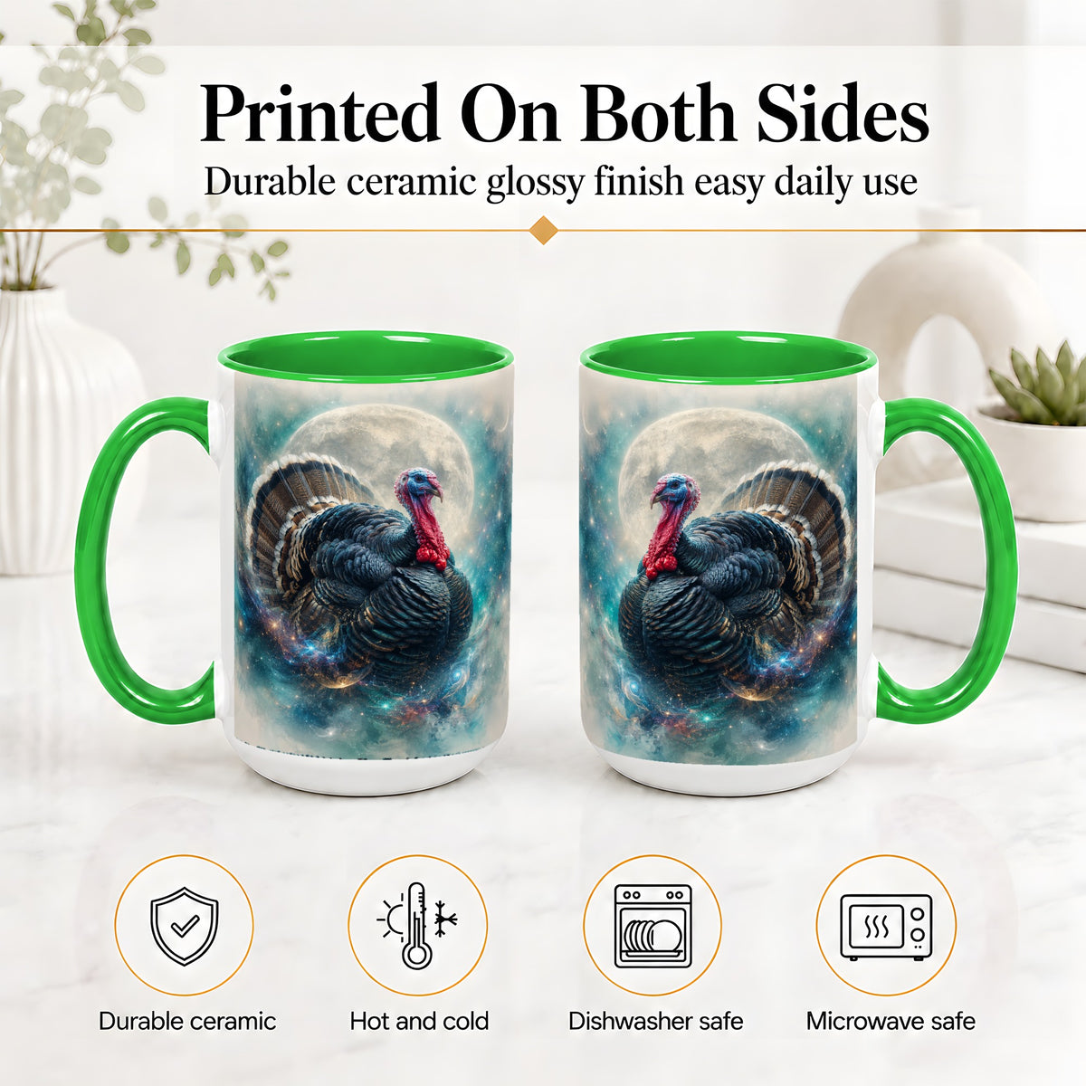 #pl[15oz|Green] Cosmic Thanksgiving Turkey Accent Mug, Mug with Moon Galaxy Art