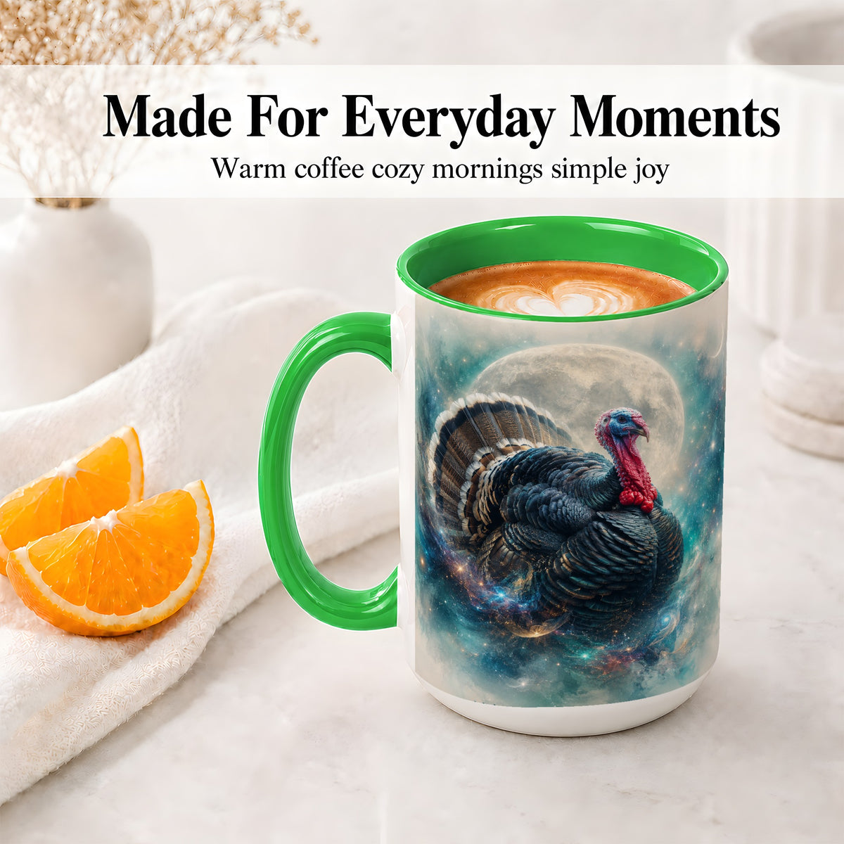 #pl[15oz|Green] Cosmic Thanksgiving Turkey Accent Mug, Mug with Moon Galaxy Art