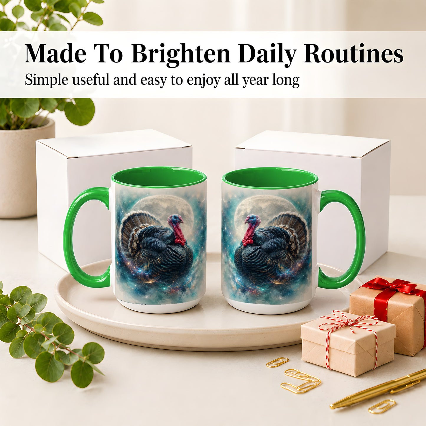 #pl[15oz|Green] Cosmic Thanksgiving Turkey Accent Mug, Mug with Moon Galaxy Art