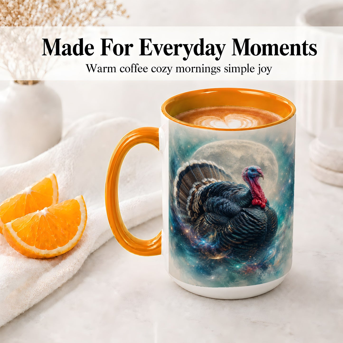 #pl[15oz|Orange] Cosmic Thanksgiving Turkey Accent Mug, Mug with Moon Galaxy Art