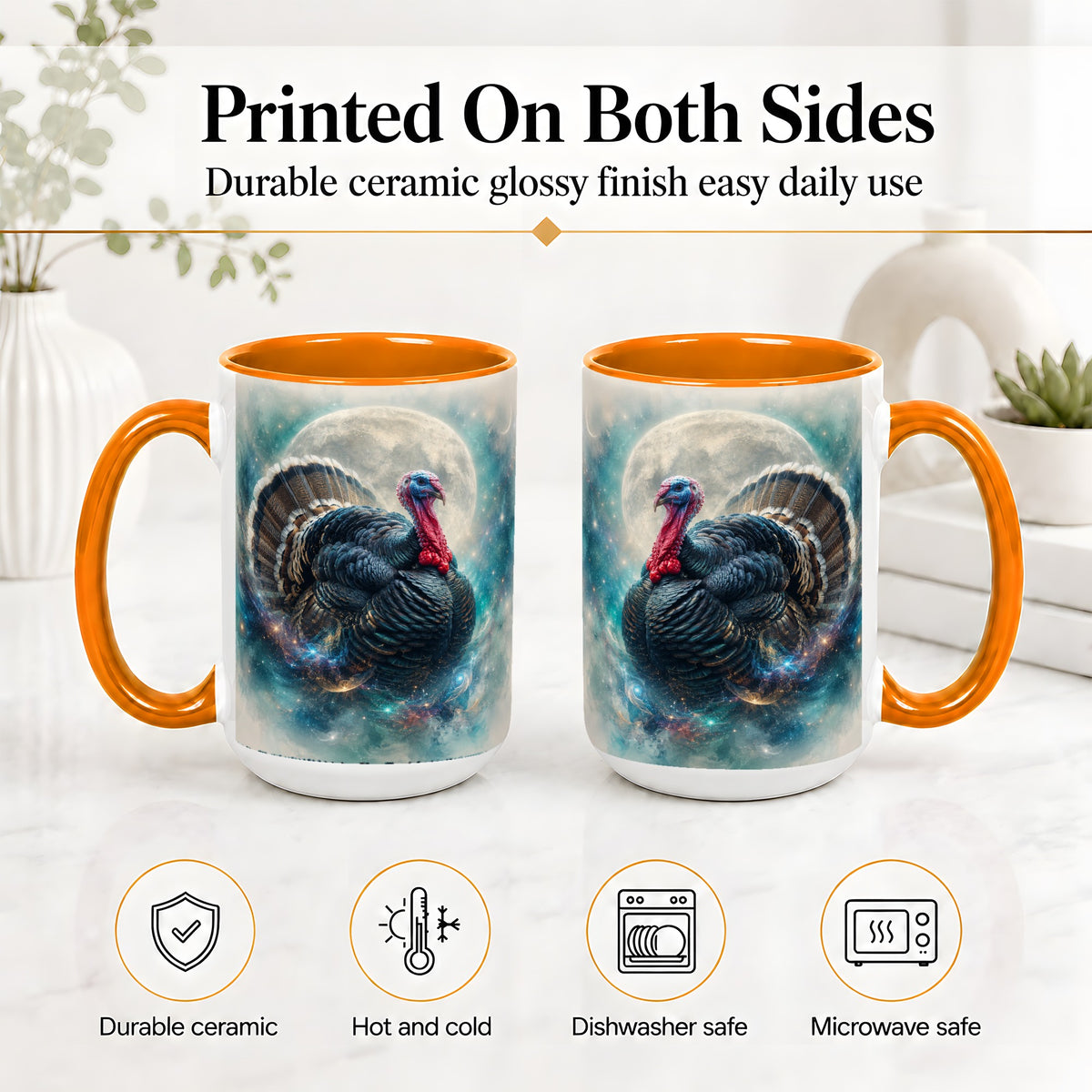 #pl[15oz|Orange] Cosmic Thanksgiving Turkey Accent Mug, Mug with Moon Galaxy Art
