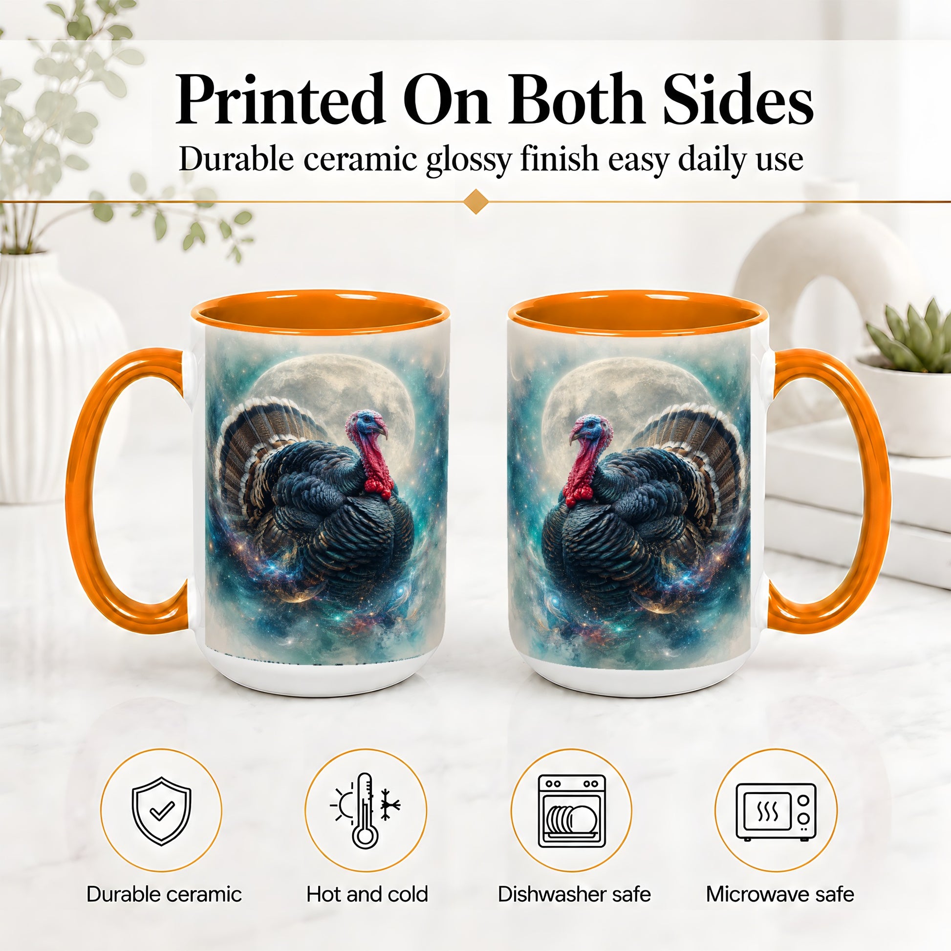#pl[15oz|Orange] Cosmic Thanksgiving Turkey Accent Mug, Mug with Moon Galaxy Art