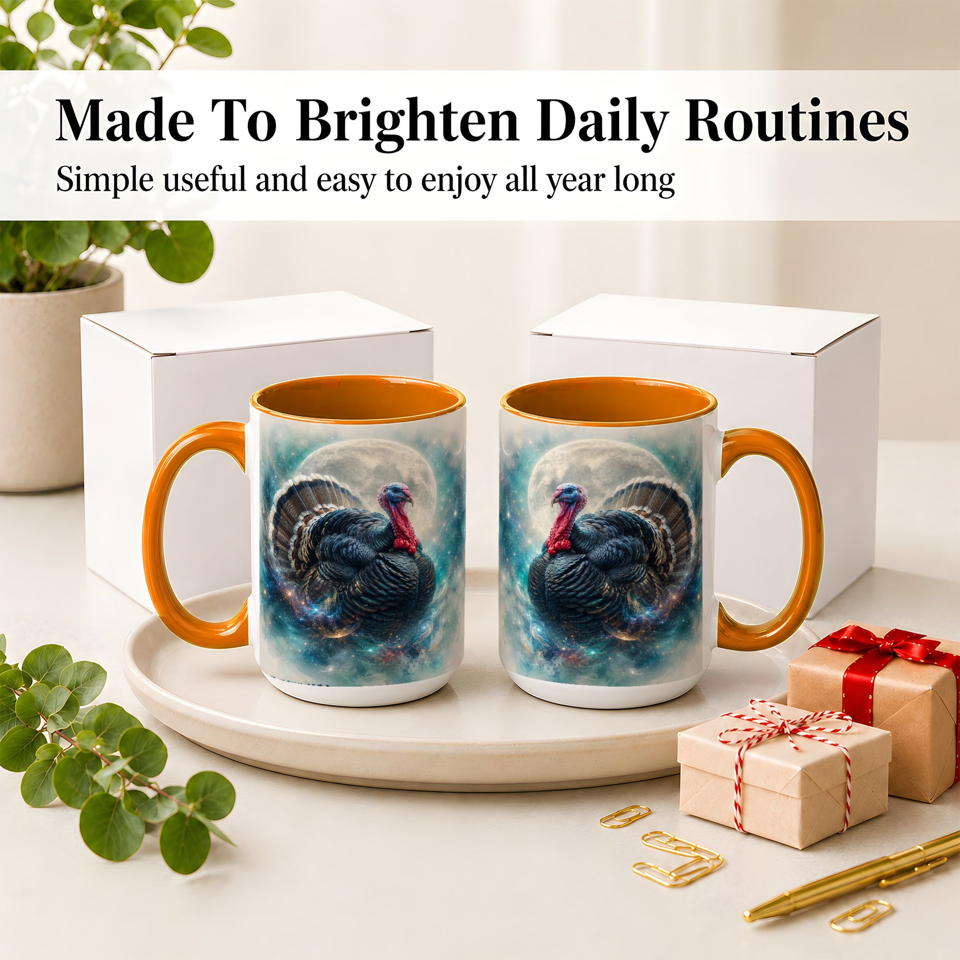 #pl[15oz|Orange] Cosmic Thanksgiving Turkey Accent Mug, Mug with Moon Galaxy Art