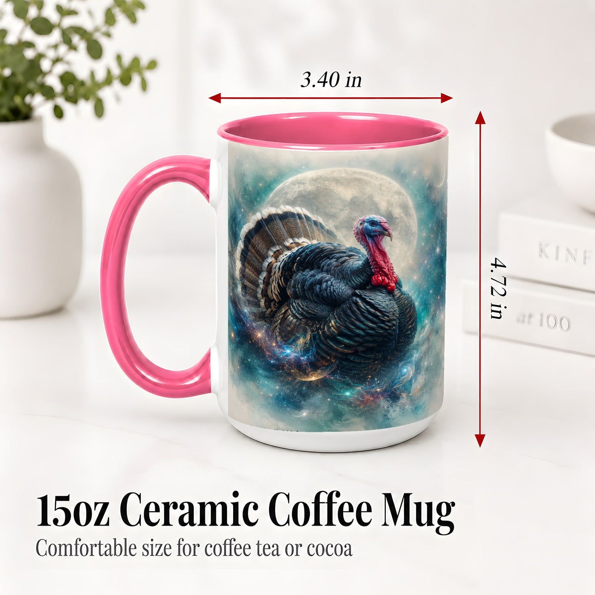 #pl[15oz|Pink] Cosmic Thanksgiving Turkey Accent Mug, Mug with Moon Galaxy Art
