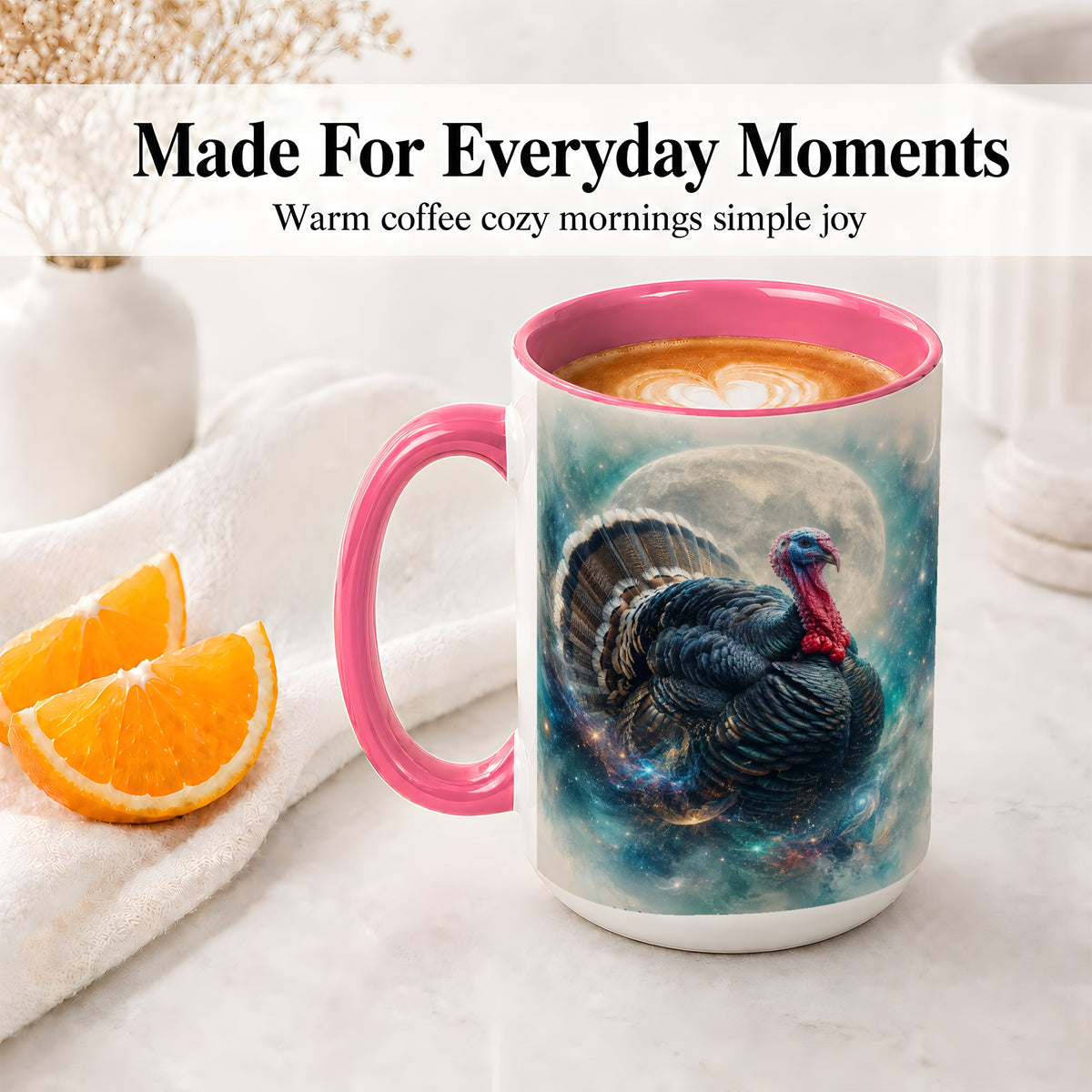 #pl[15oz|Pink] Cosmic Thanksgiving Turkey Accent Mug, Mug with Moon Galaxy Art