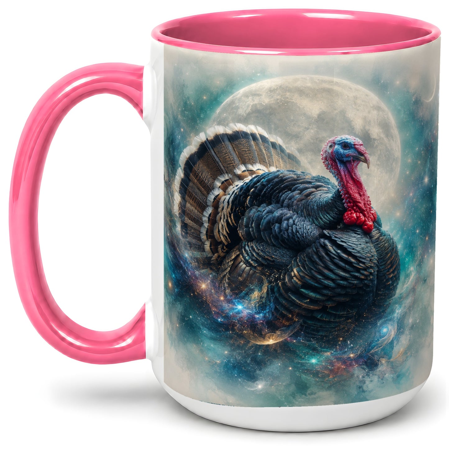 #pl[15oz|Pink] Cosmic Thanksgiving Turkey Accent Mug, Mug with Moon Galaxy Art