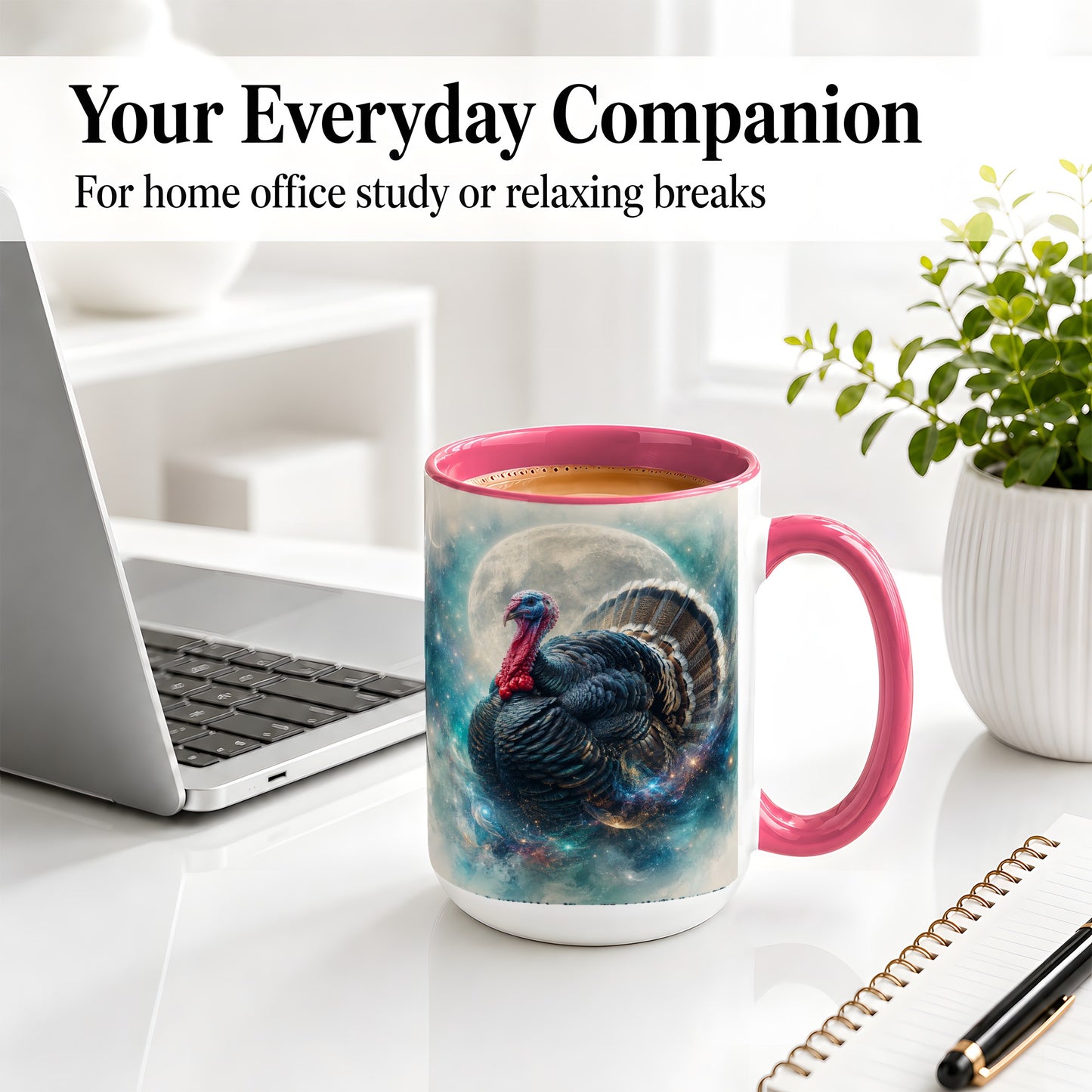 #pl[15oz|Pink] Cosmic Thanksgiving Turkey Accent Mug, Mug with Moon Galaxy Art