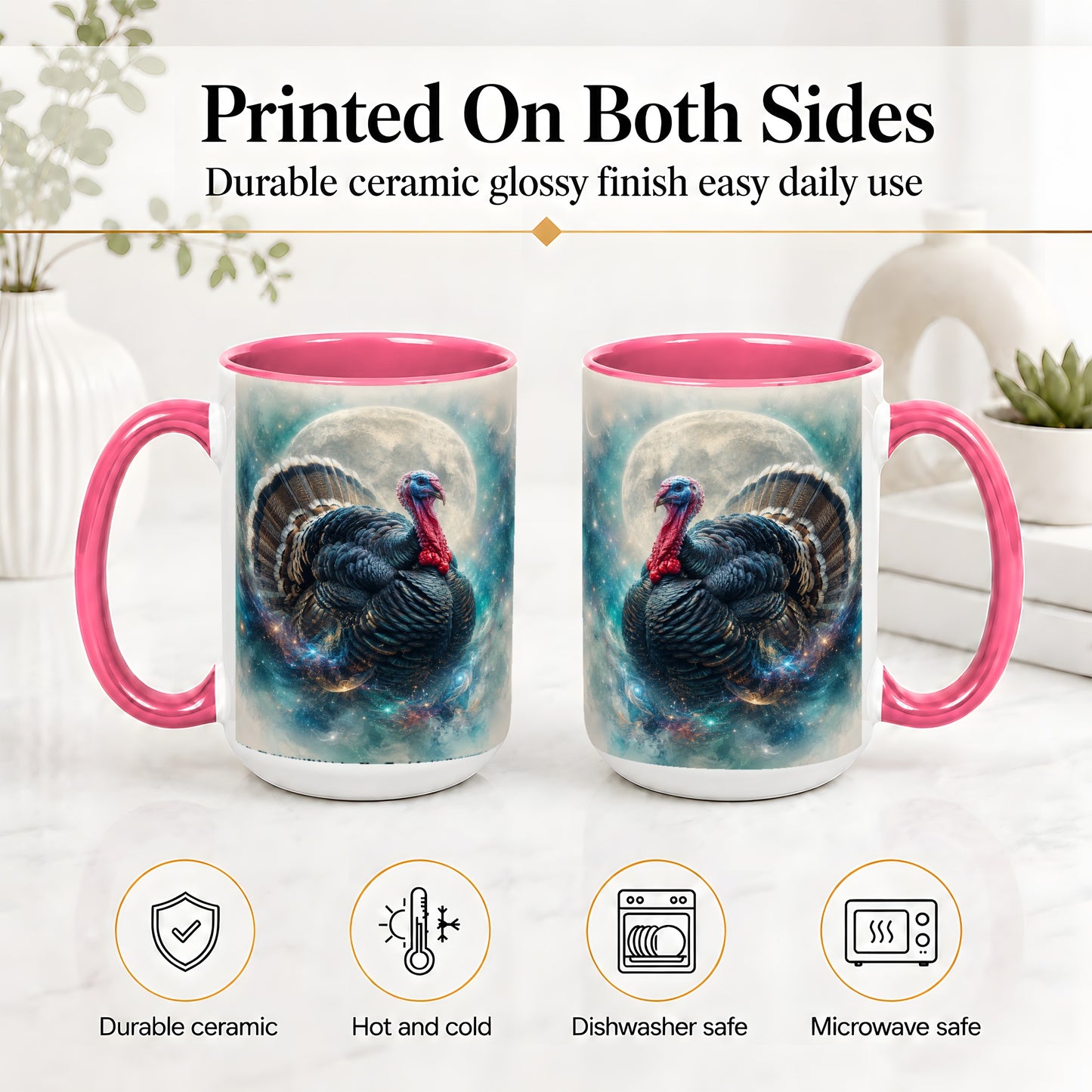 #pl[15oz|Pink] Cosmic Thanksgiving Turkey Accent Mug, Mug with Moon Galaxy Art
