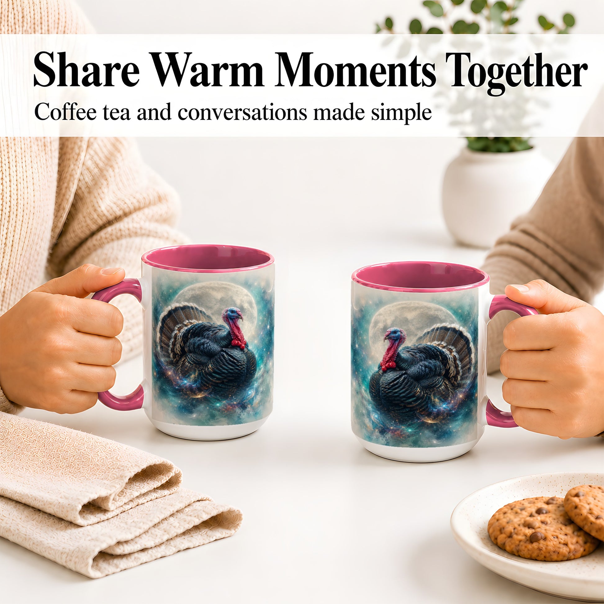 #pl[15oz|Pink] Cosmic Thanksgiving Turkey Accent Mug, Mug with Moon Galaxy Art