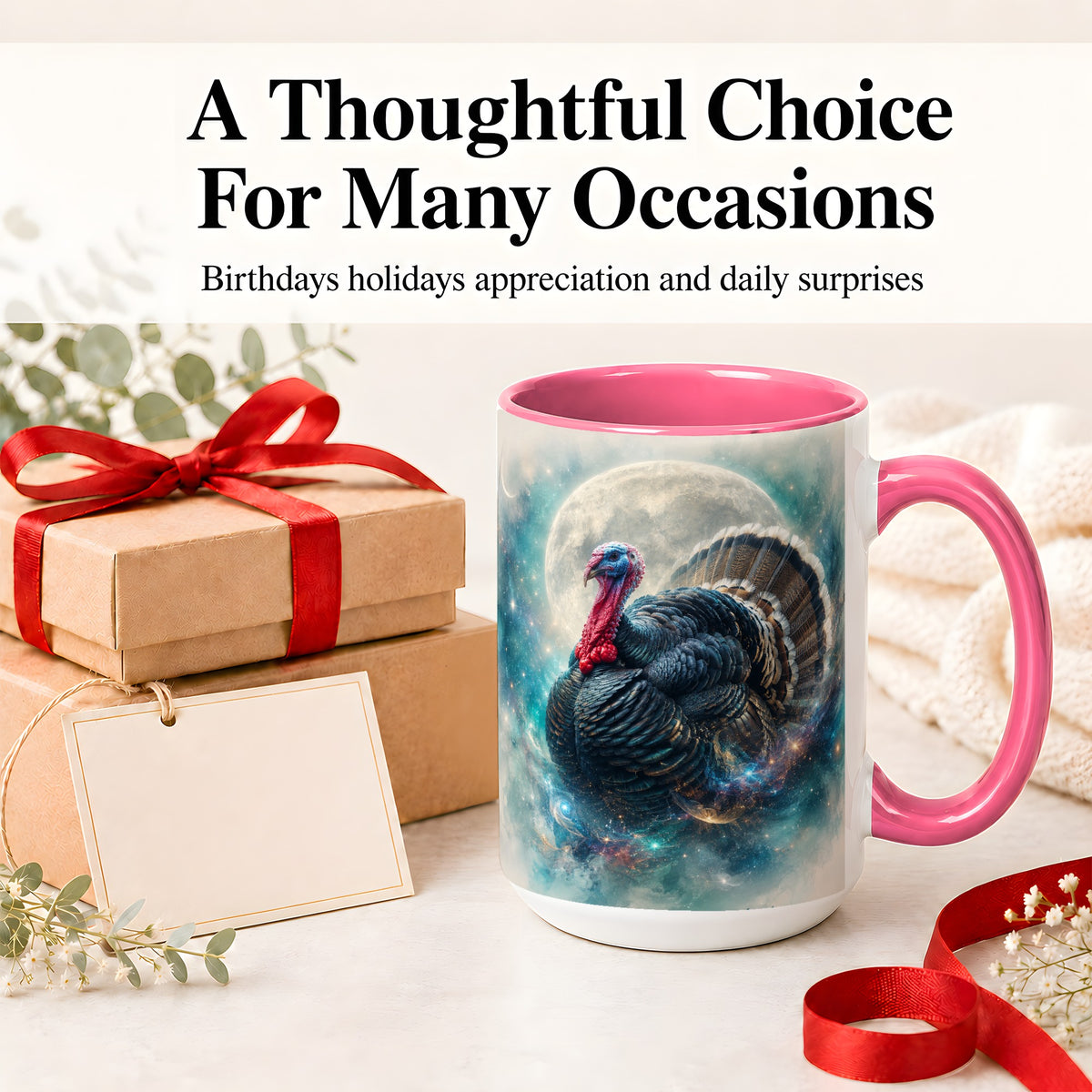 #pl[15oz|Pink] Cosmic Thanksgiving Turkey Accent Mug, Mug with Moon Galaxy Art