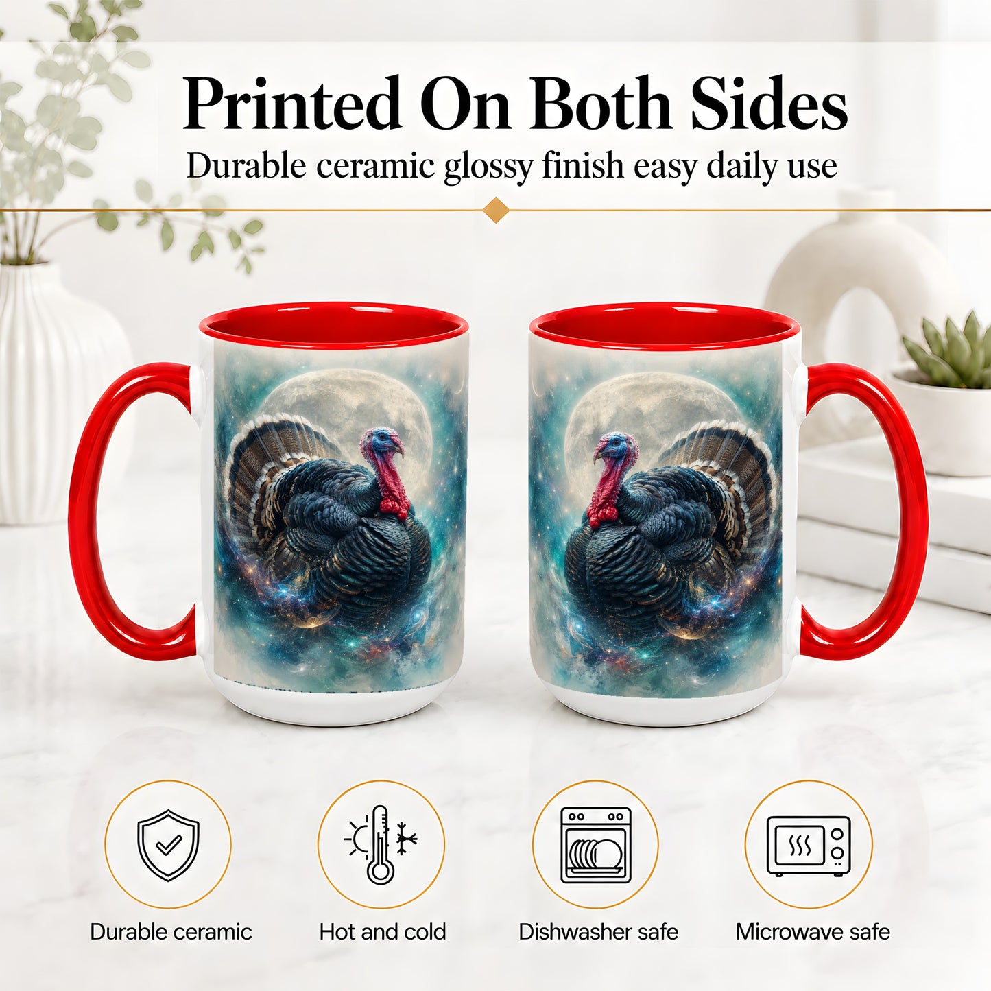#pl[15oz|Red] Cosmic Thanksgiving Turkey Accent Mug, Mug with Moon Galaxy Art