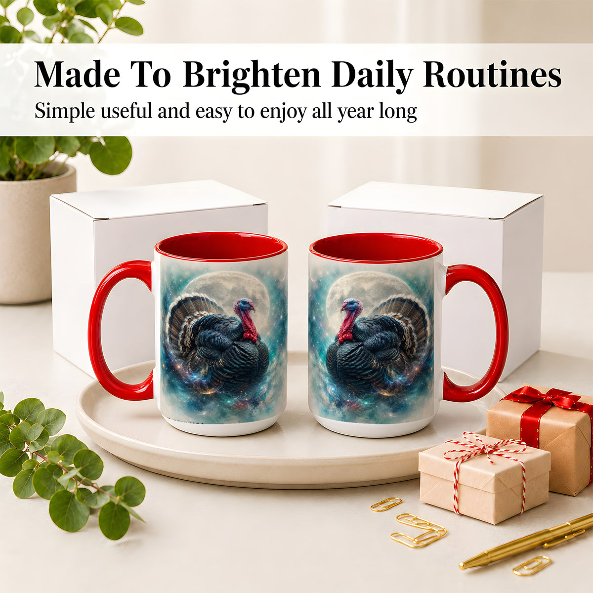 #pl[15oz|Red] Cosmic Thanksgiving Turkey Accent Mug, Mug with Moon Galaxy Art