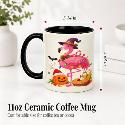 #pl[11oz|Black] Festive Flamingo Accent Mug, Mug with Holiday Pumpkin Artwork