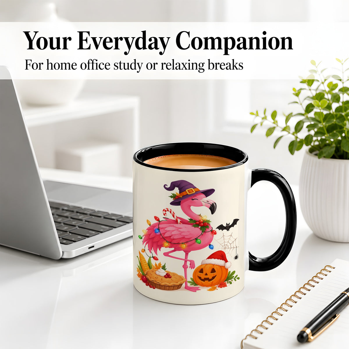 #pl[11oz|Black] Festive Flamingo Accent Mug, Mug with Holiday Pumpkin Artwork