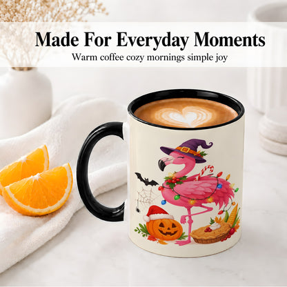 #pl[11oz|Black] Festive Flamingo Accent Mug, Mug with Holiday Pumpkin Artwork
