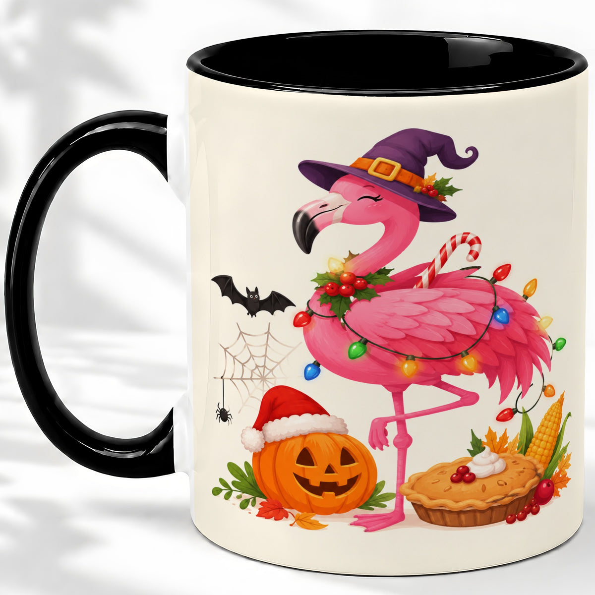 #pl[11oz|Black] Festive Flamingo Accent Mug, Mug with Holiday Pumpkin Artwork