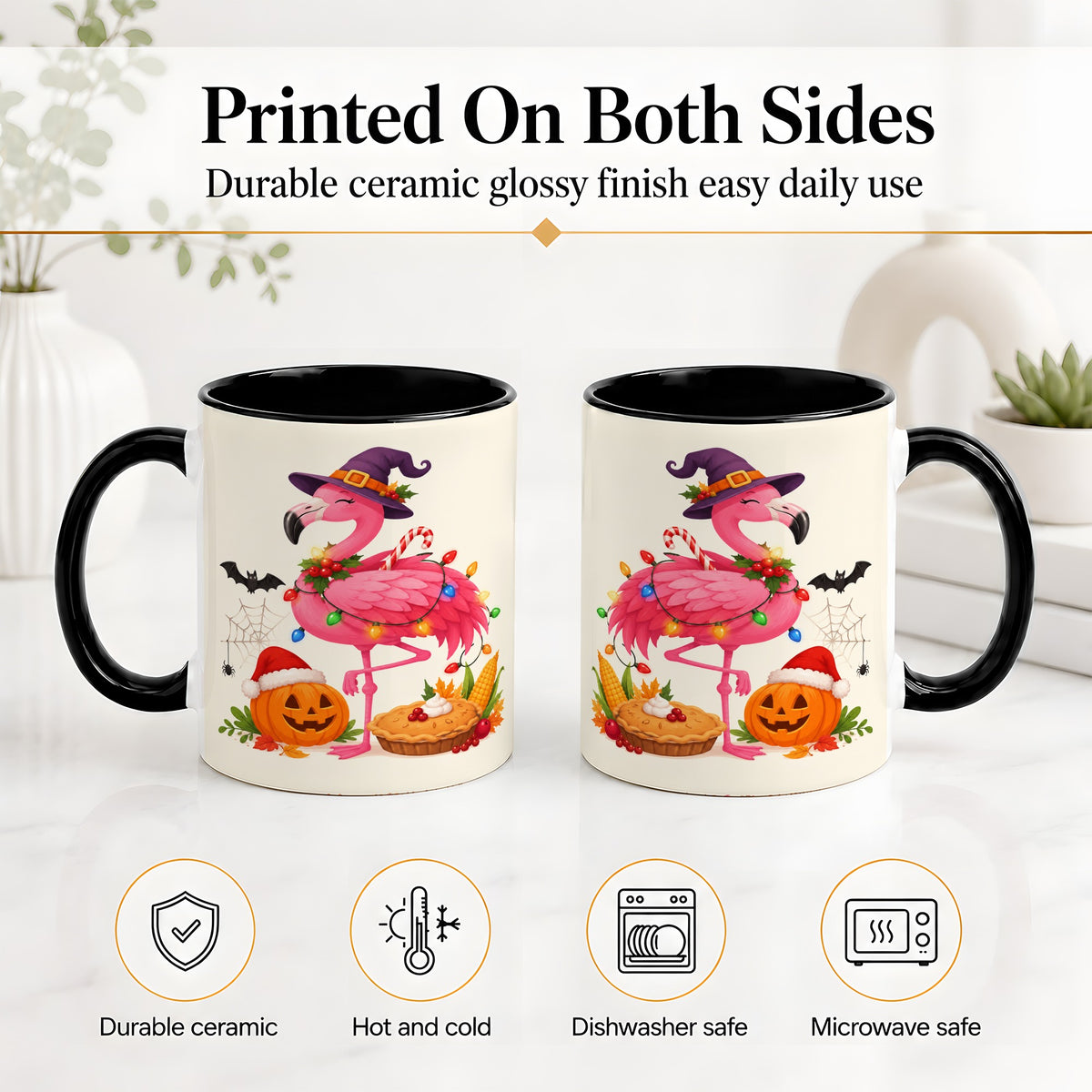 #pl[11oz|Black] Festive Flamingo Accent Mug, Mug with Holiday Pumpkin Artwork