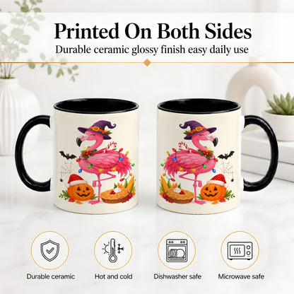 #pl[11oz|Black] Festive Flamingo Accent Mug, Mug with Holiday Pumpkin Artwork