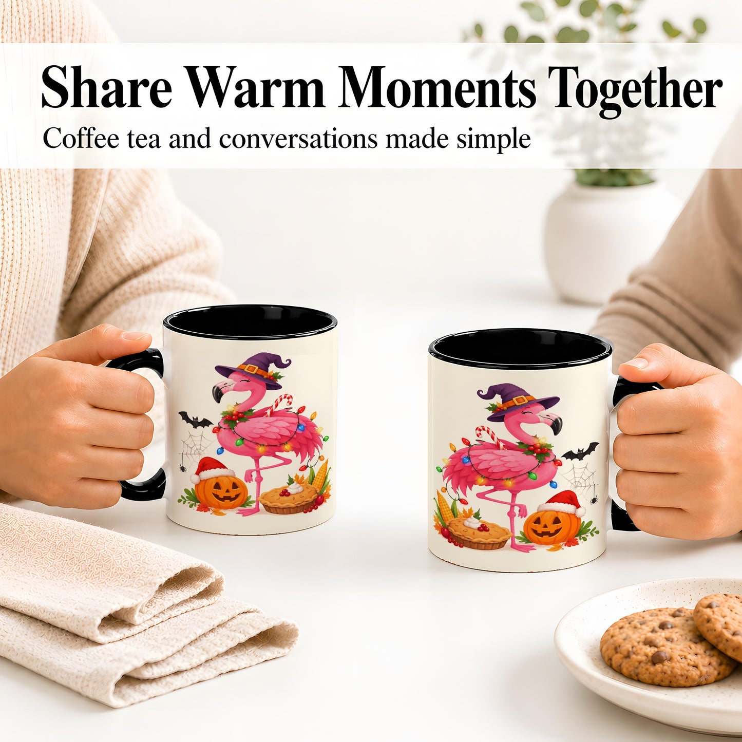 #pl[11oz|Black] Festive Flamingo Accent Mug, Mug with Holiday Pumpkin Artwork