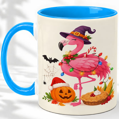 #pl[11oz|Blue] Festive Flamingo Accent Mug, Mug with Holiday Pumpkin Artwork