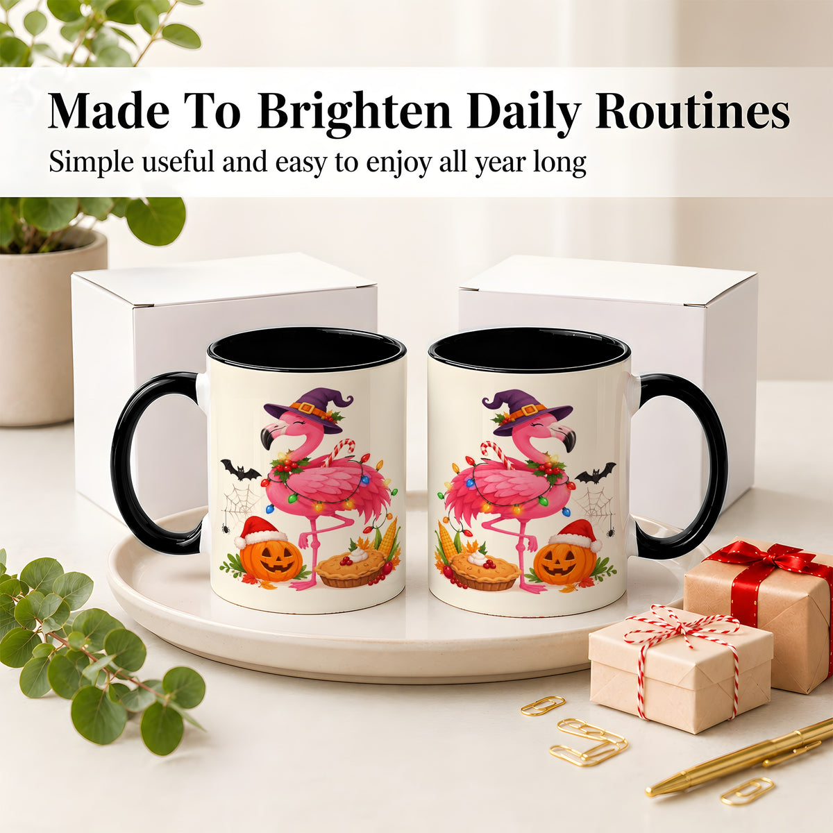 #pl[11oz|Black] Festive Flamingo Accent Mug, Mug with Holiday Pumpkin Artwork