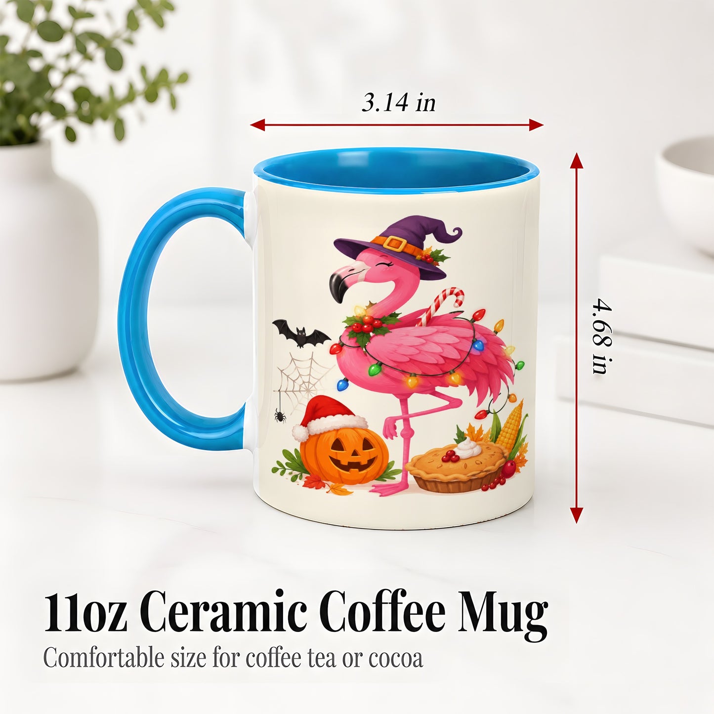 #pl[11oz|Blue] Festive Flamingo Accent Mug, Mug with Holiday Pumpkin Artwork