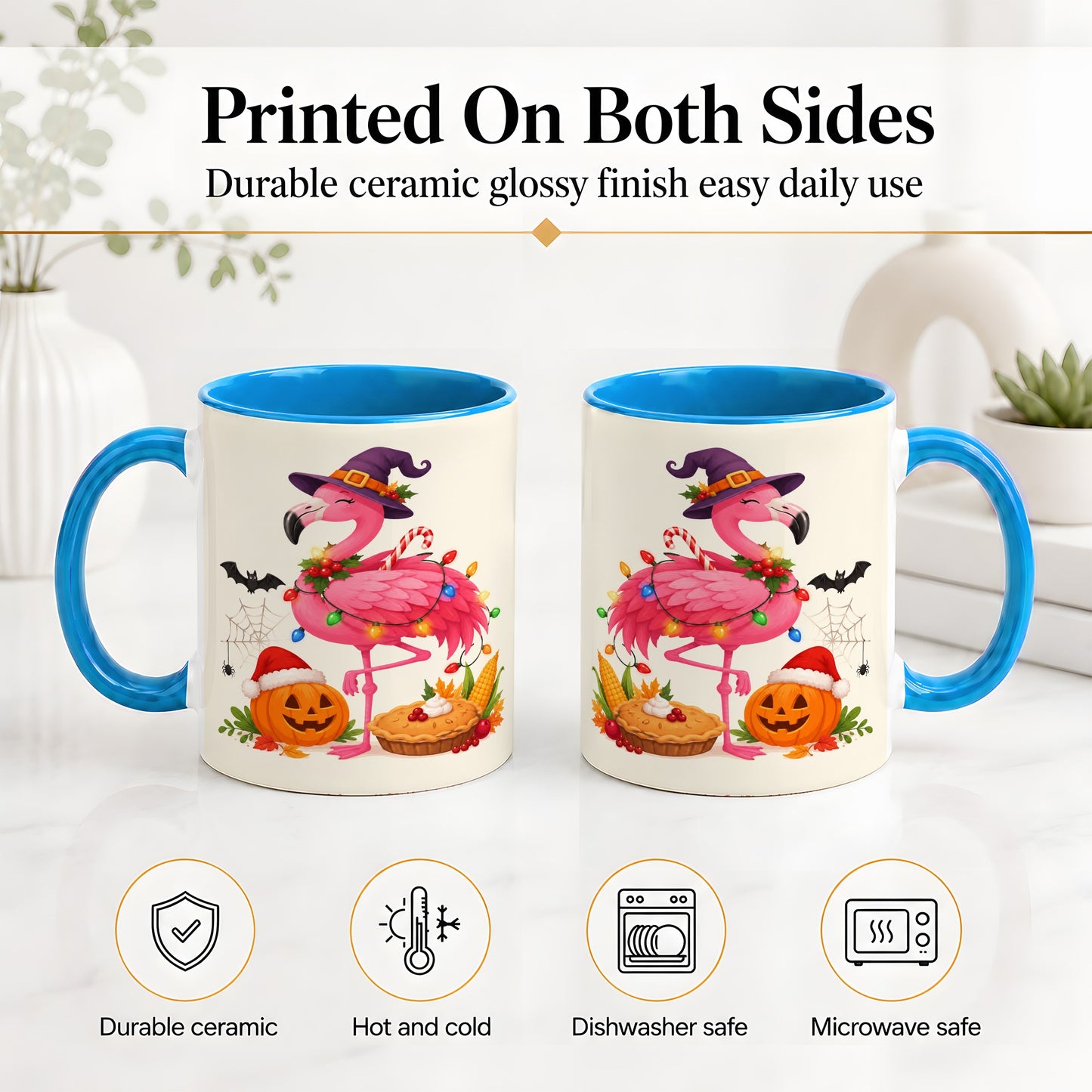 #pl[11oz|Blue] Festive Flamingo Accent Mug, Mug with Holiday Pumpkin Artwork