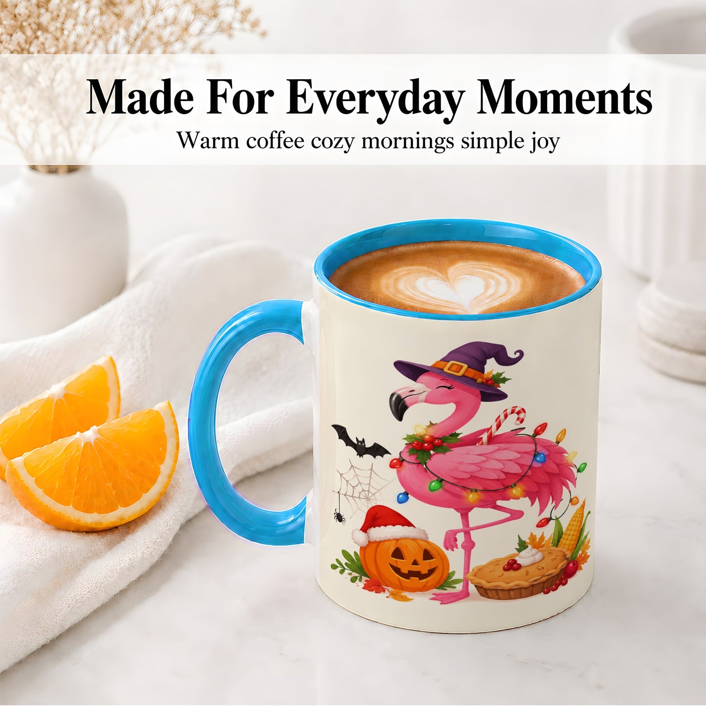 #pl[11oz|Blue] Festive Flamingo Accent Mug, Mug with Holiday Pumpkin Artwork