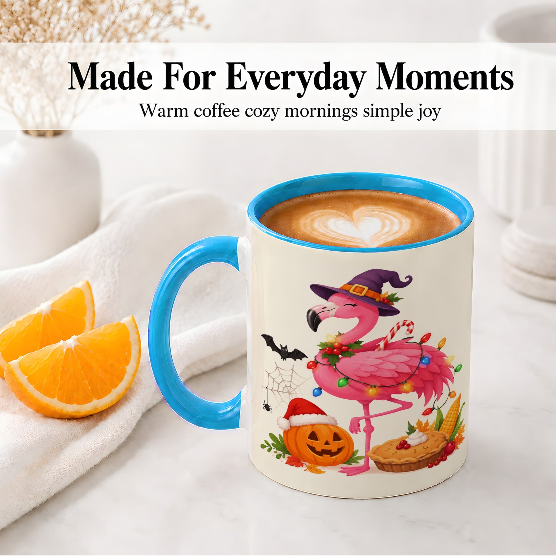 #pl[11oz|Blue] Festive Flamingo Accent Mug, Mug with Holiday Pumpkin Artwork