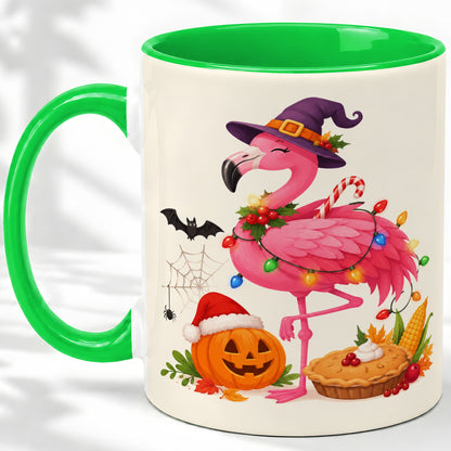 #pl[11oz|Green] Festive Flamingo Accent Mug, Mug with Holiday Pumpkin Artwork