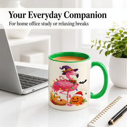 #pl[11oz|Green] Festive Flamingo Accent Mug, Mug with Holiday Pumpkin Artwork