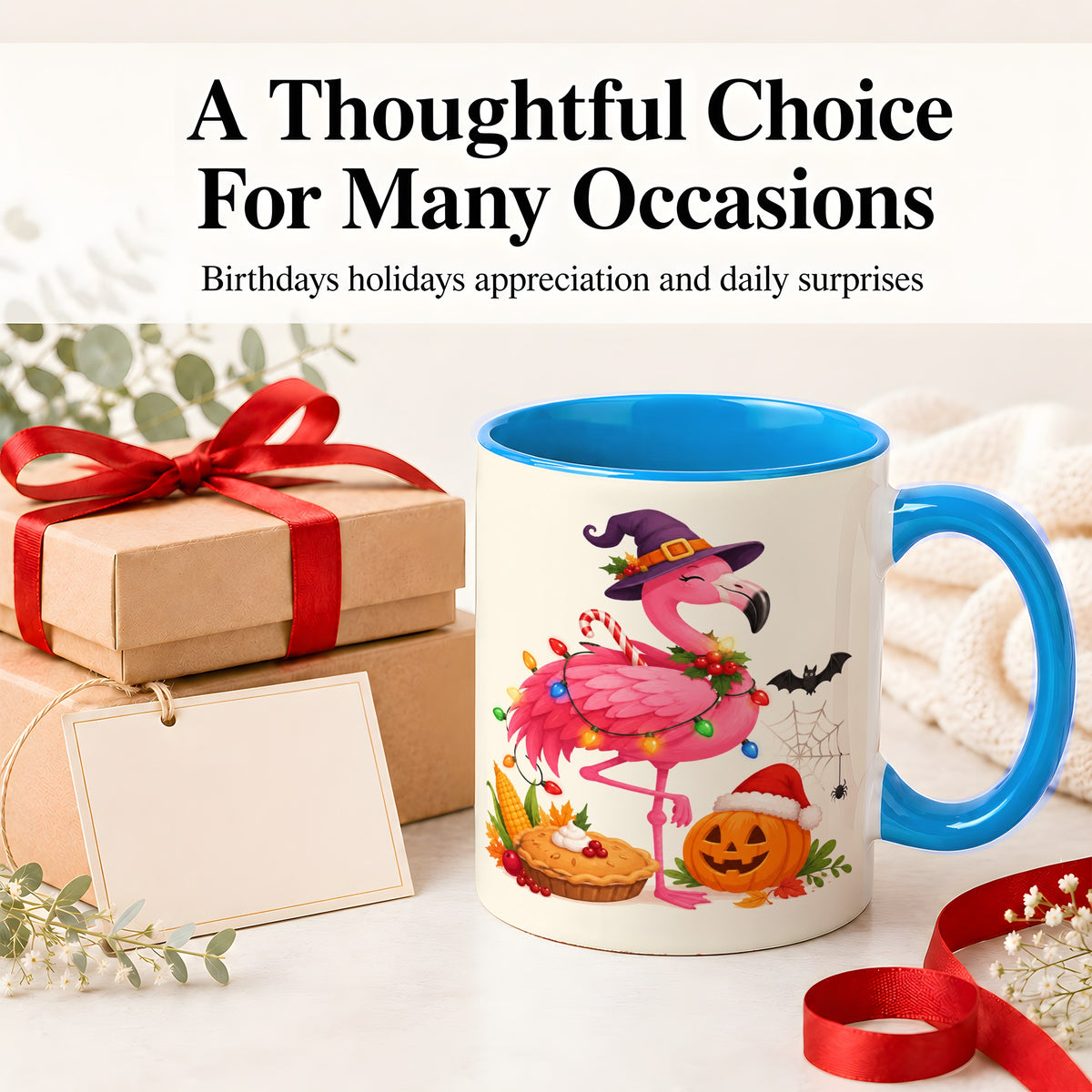#pl[11oz|Blue] Festive Flamingo Accent Mug, Mug with Holiday Pumpkin Artwork
