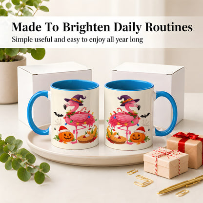 #pl[11oz|Blue] Festive Flamingo Accent Mug, Mug with Holiday Pumpkin Artwork