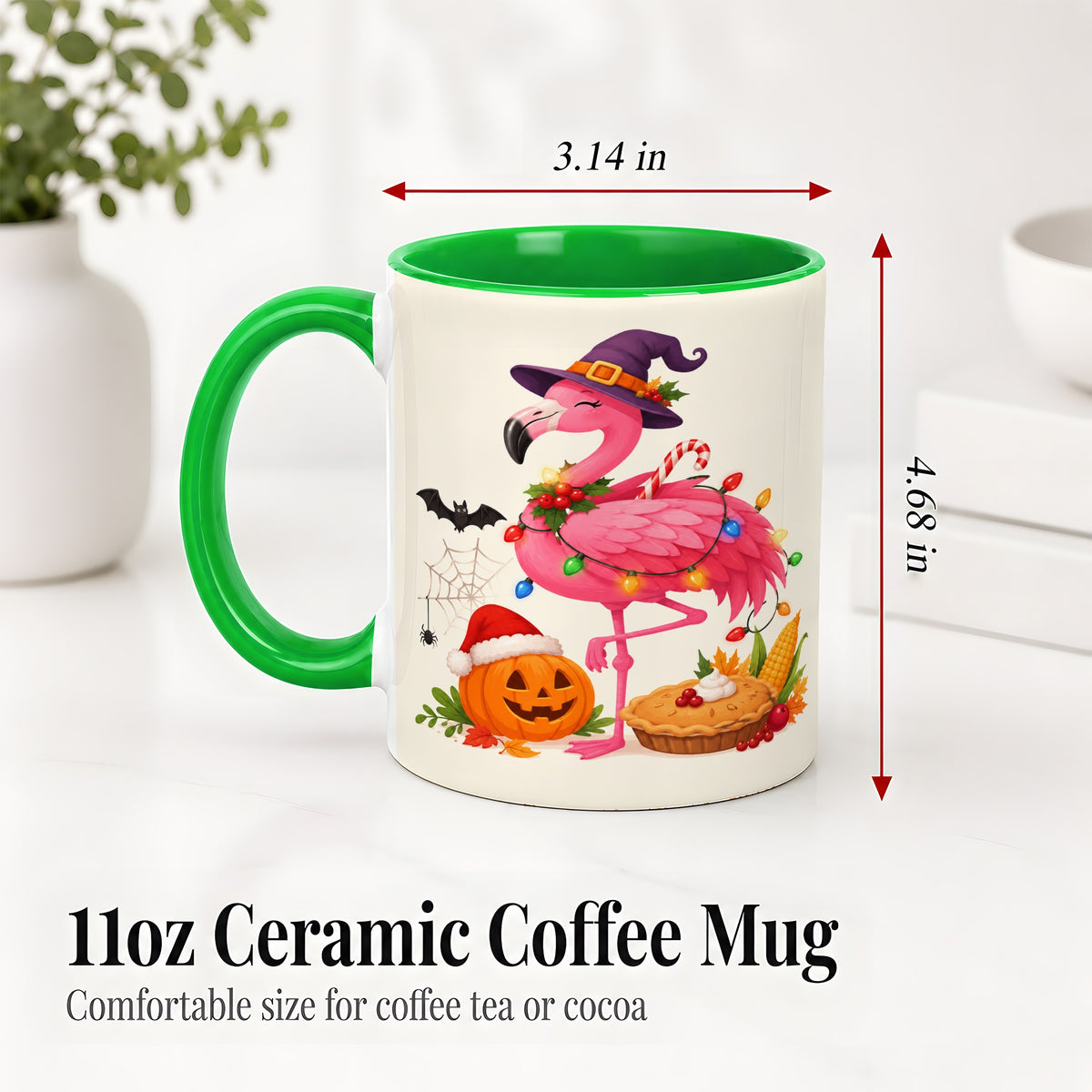 #pl[11oz|Green] Festive Flamingo Accent Mug, Mug with Holiday Pumpkin Artwork
