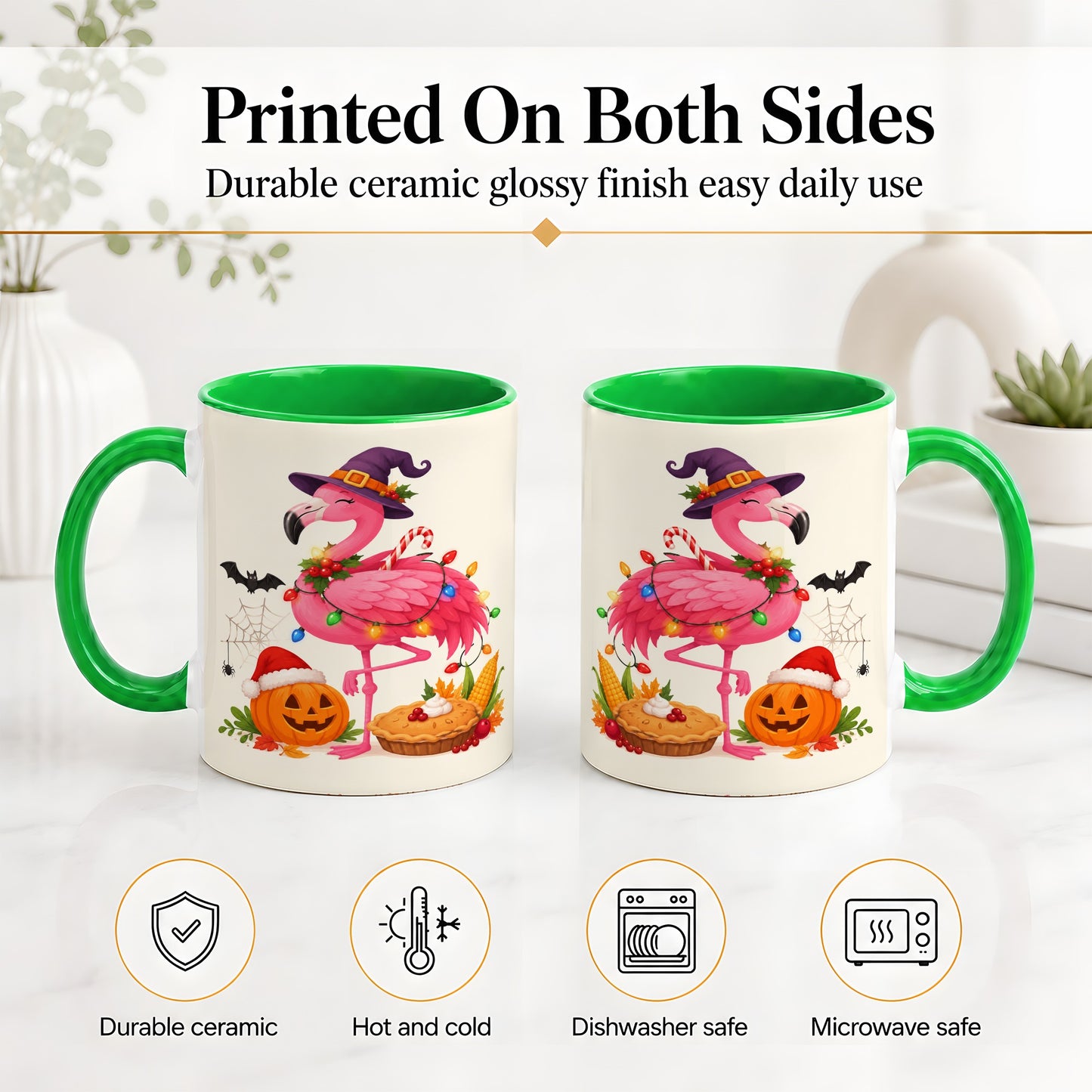 #pl[11oz|Green] Festive Flamingo Accent Mug, Mug with Holiday Pumpkin Artwork