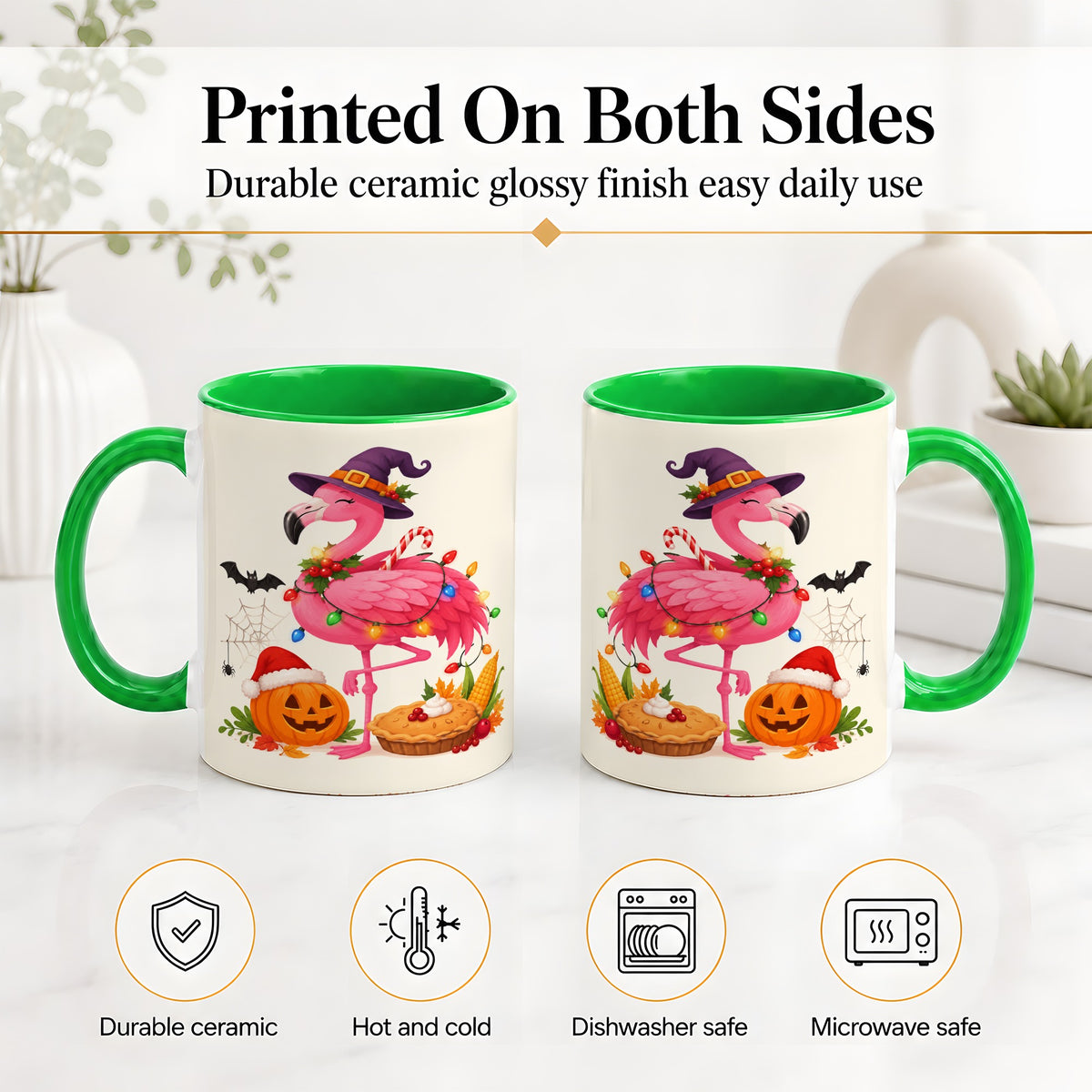#pl[11oz|Green] Festive Flamingo Accent Mug, Mug with Holiday Pumpkin Artwork