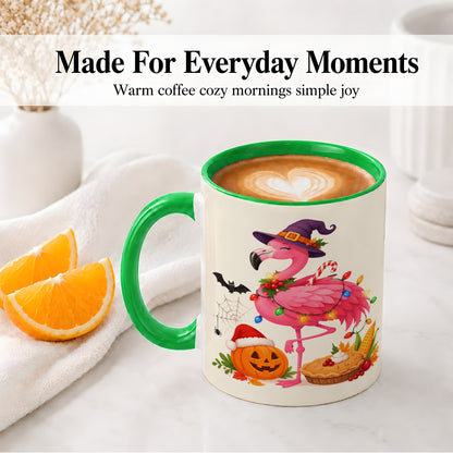 #pl[11oz|Green] Festive Flamingo Accent Mug, Mug with Holiday Pumpkin Artwork