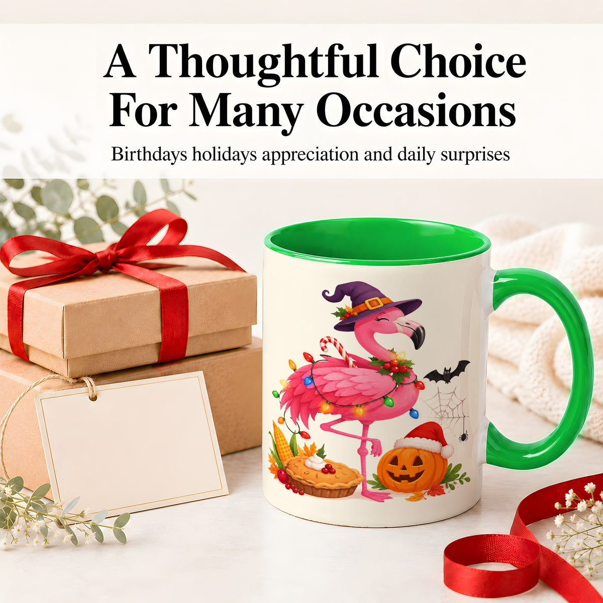 #pl[11oz|Green] Festive Flamingo Accent Mug, Mug with Holiday Pumpkin Artwork