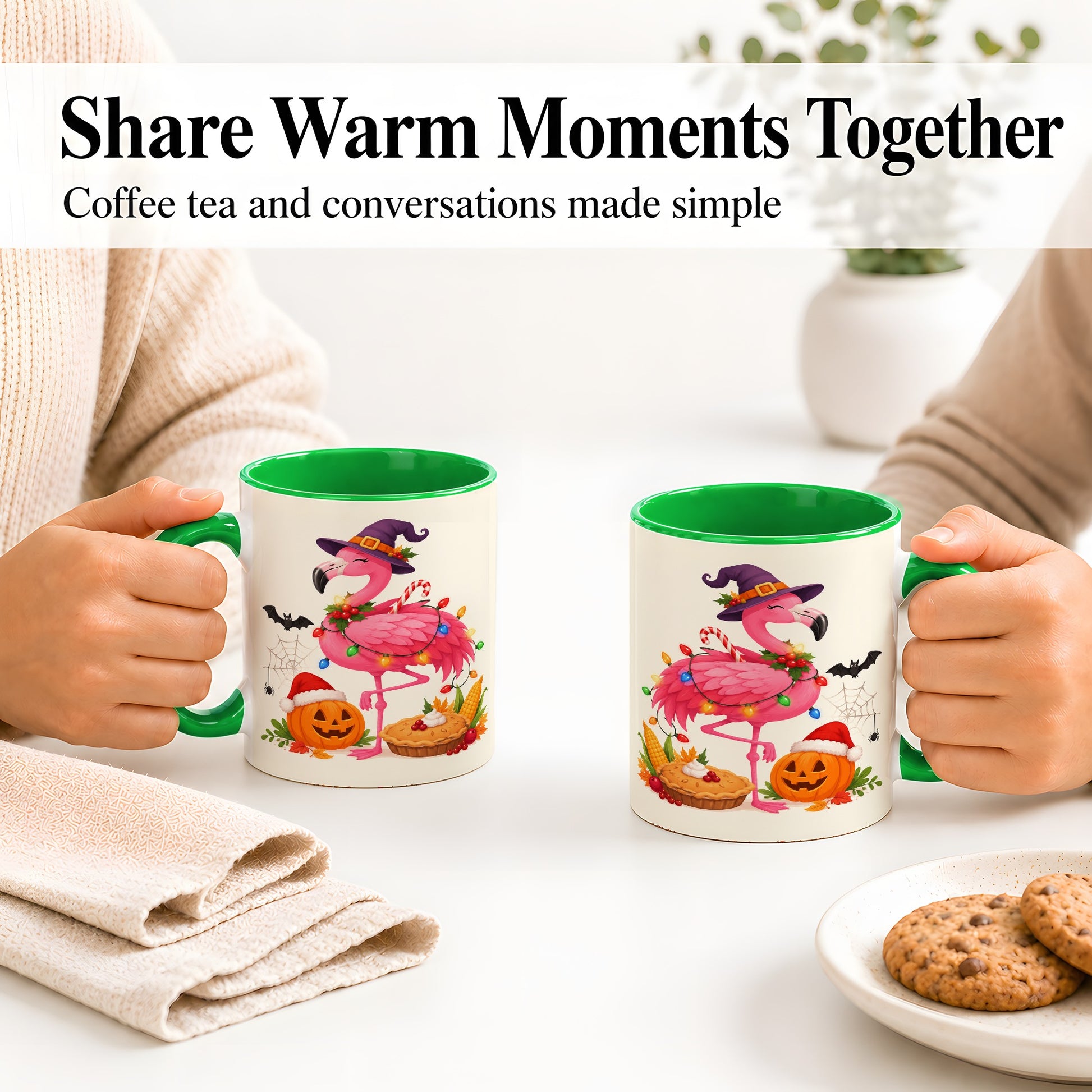 #pl[11oz|Green] Festive Flamingo Accent Mug, Mug with Holiday Pumpkin Artwork