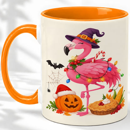 #pl[11oz|Orange] Festive Flamingo Accent Mug, Mug with Holiday Pumpkin Artwork