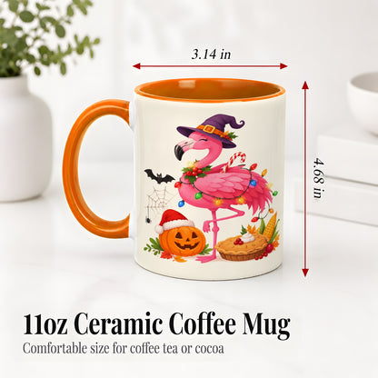 #pl[11oz|Orange] Festive Flamingo Accent Mug, Mug with Holiday Pumpkin Artwork
