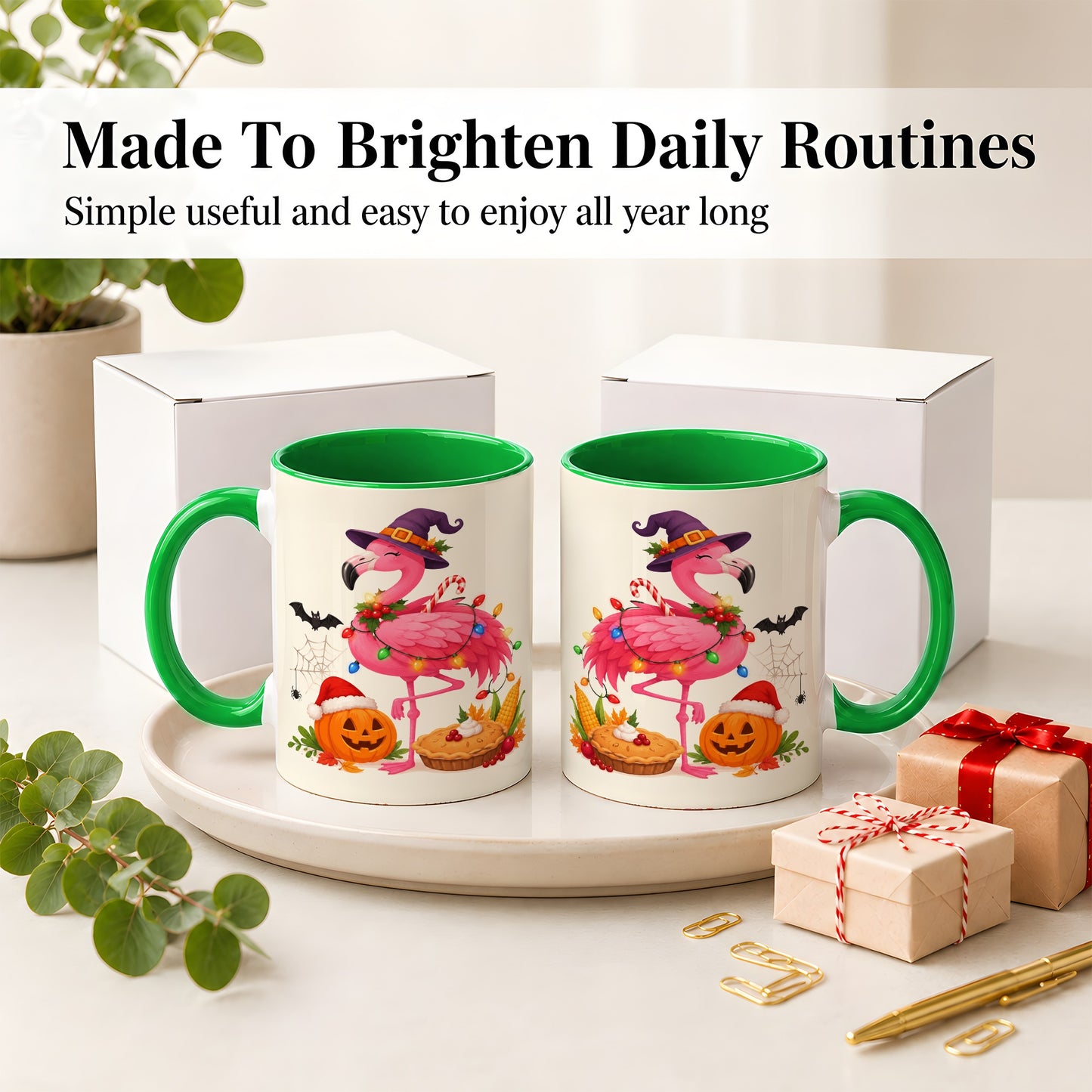 #pl[11oz|Green] Festive Flamingo Accent Mug, Mug with Holiday Pumpkin Artwork
