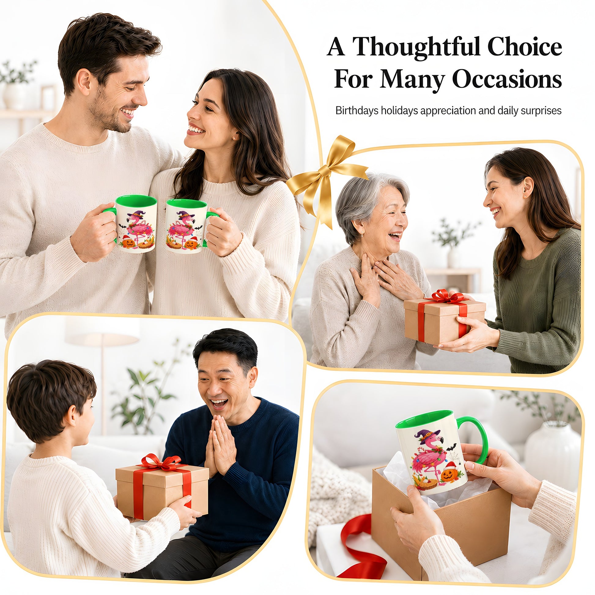 #pl[11oz|Green] Festive Flamingo Accent Mug, Mug with Holiday Pumpkin Artwork