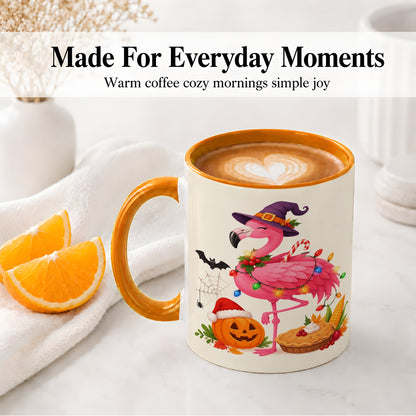 #pl[11oz|Orange] Festive Flamingo Accent Mug, Mug with Holiday Pumpkin Artwork