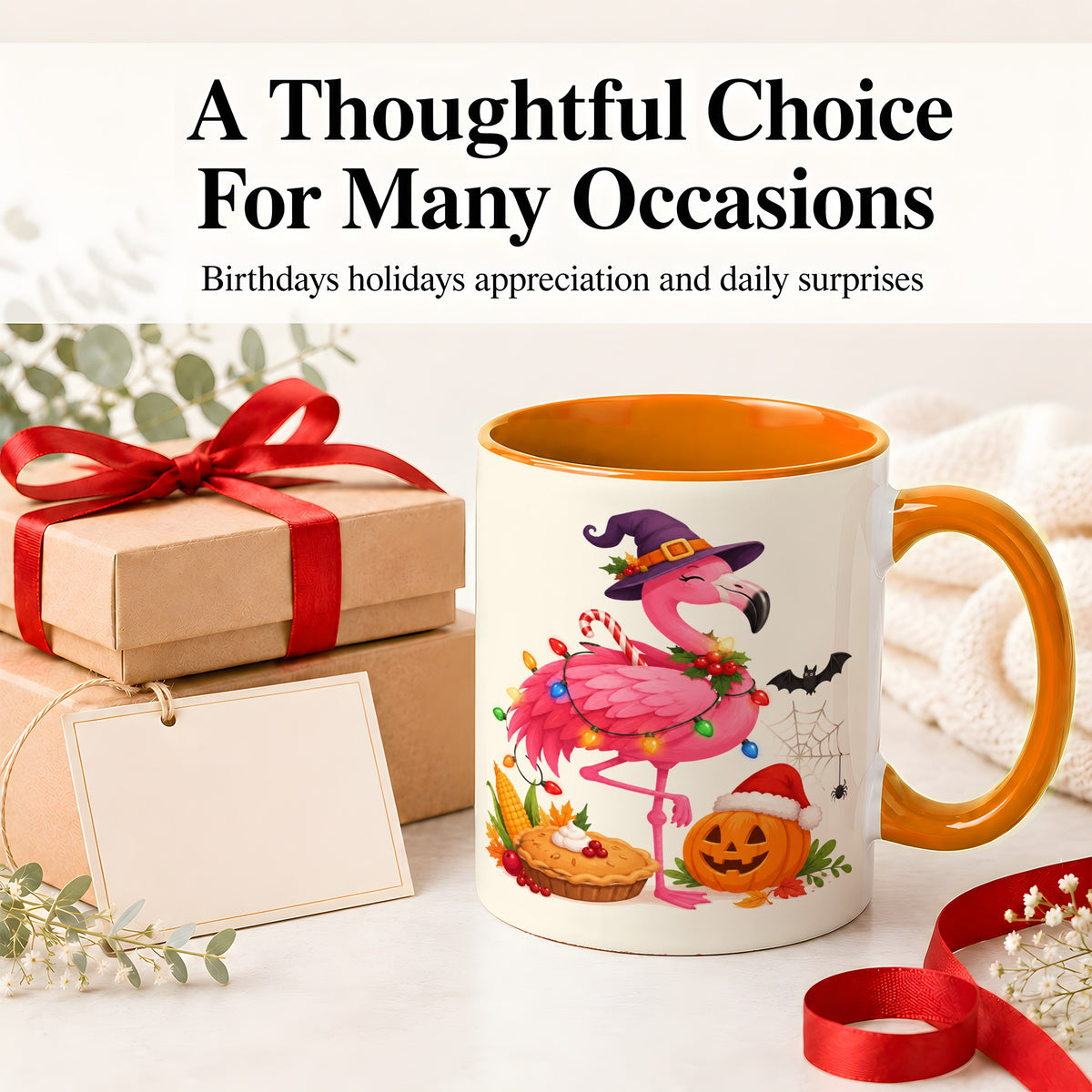 #pl[11oz|Orange] Festive Flamingo Accent Mug, Mug with Holiday Pumpkin Artwork