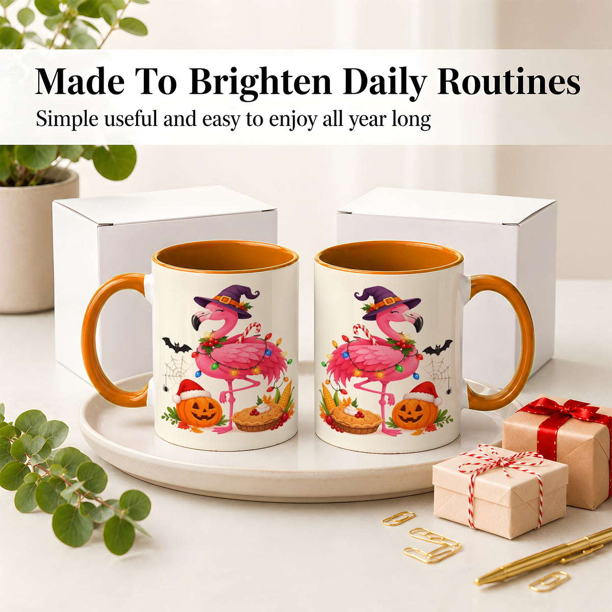 #pl[11oz|Orange] Festive Flamingo Accent Mug, Mug with Holiday Pumpkin Artwork