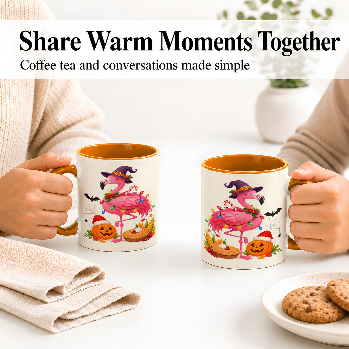 #pl[11oz|Orange] Festive Flamingo Accent Mug, Mug with Holiday Pumpkin Artwork