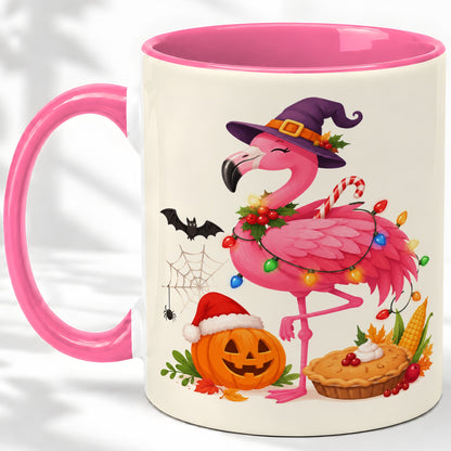 #pl[11oz|Pink] Festive Flamingo Accent Mug, Mug with Holiday Pumpkin Artwork