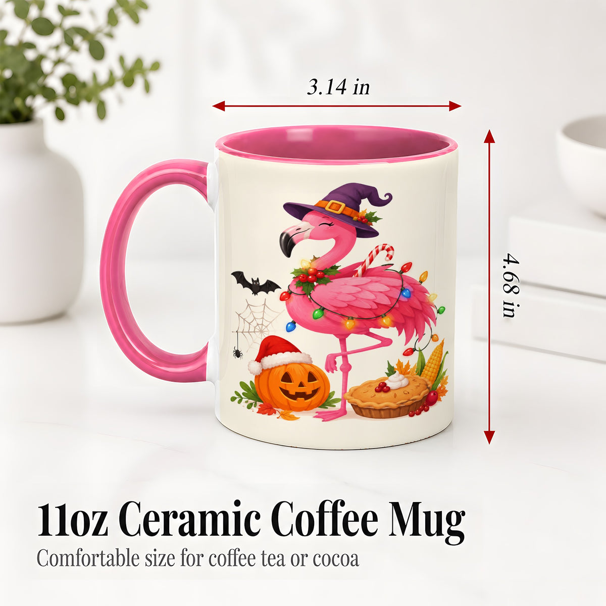 #pl[11oz|Pink] Festive Flamingo Accent Mug, Mug with Holiday Pumpkin Artwork