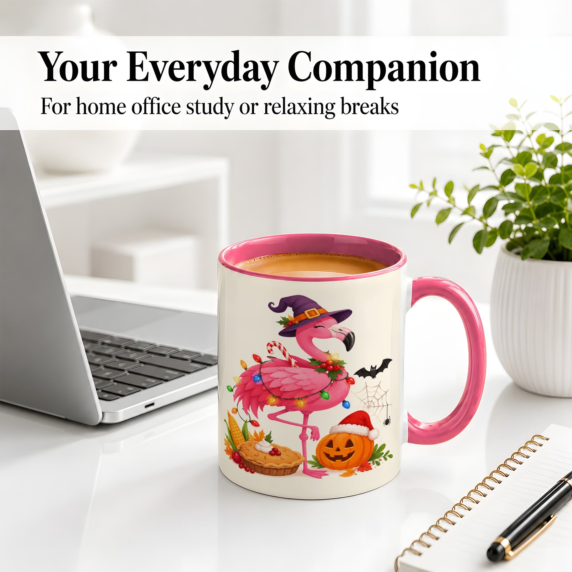 #pl[11oz|Pink] Festive Flamingo Accent Mug, Mug with Holiday Pumpkin Artwork